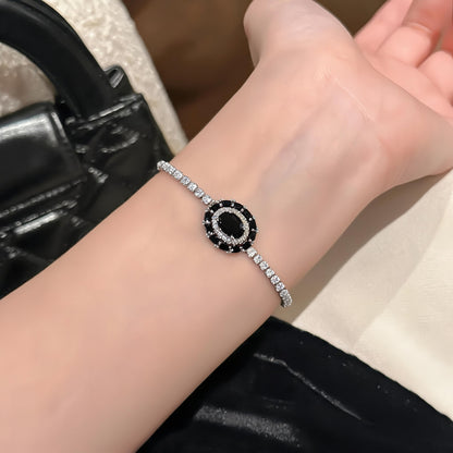 Vintage Style Oval Copper Bracelet For Women With Zircon Inlay In Silver