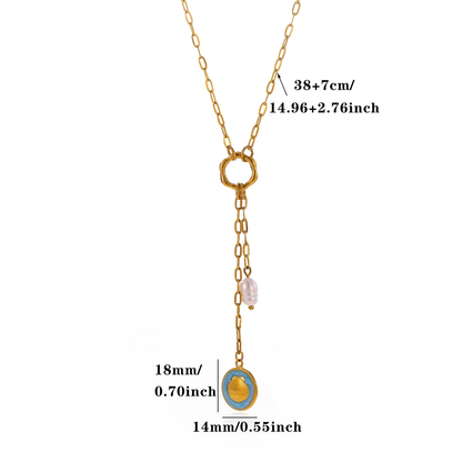 Baroque Y-Necklace Lariat With Flower Pattern In 304 Stainless Steel, 18K Gold Plated PVD, Imitation Pearl Cable Chain