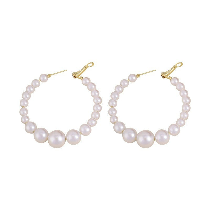 Retro C Shape Hoop Earrings For Women With Copper Posts And Artificial Pearl Inlay
