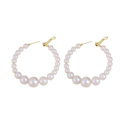 Retro C Shape Hoop Earrings For Women With Copper Posts And Artificial Pearl Inlay