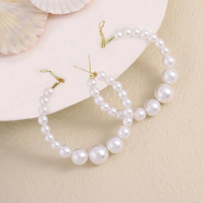 Retro C Shape Hoop Earrings For Women With Copper Posts And Artificial Pearl Inlay