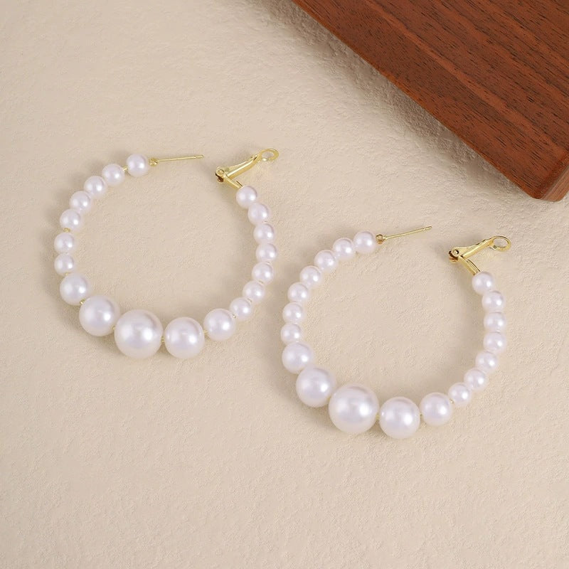 Retro C Shape Hoop Earrings For Women With Copper Posts And Artificial Pearl Inlay