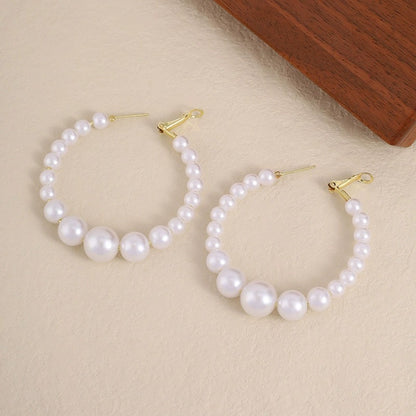 Retro C Shape Hoop Earrings For Women With Copper Posts And Artificial Pearl Inlay