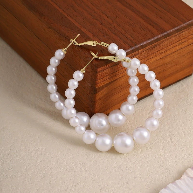 Retro C Shape Hoop Earrings For Women With Copper Posts And Artificial Pearl Inlay