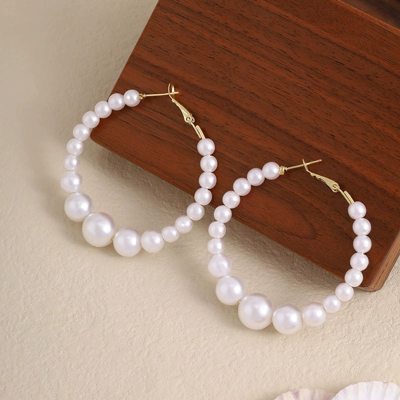 Retro C Shape Hoop Earrings For Women With Copper Posts And Artificial Pearl Inlay