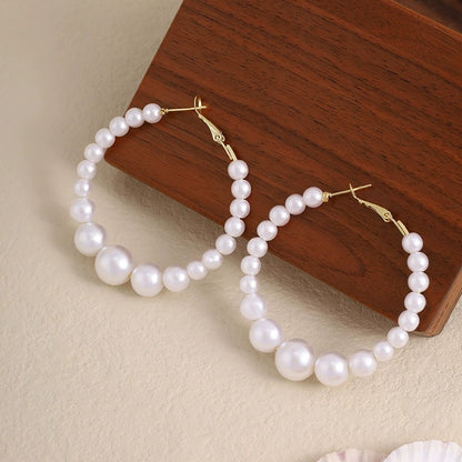 Retro C Shape Hoop Earrings For Women With Copper Posts And Artificial Pearl Inlay