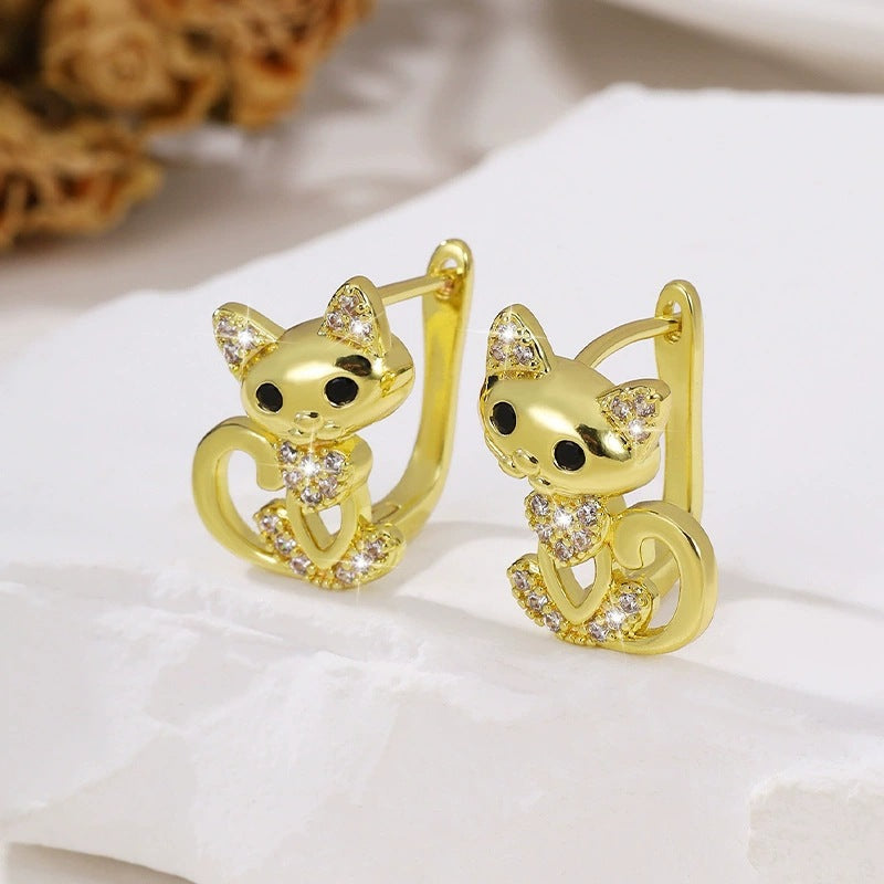 For Women Cat Stud Earrings In Dyed Black Copper With Rhinestones Inlay