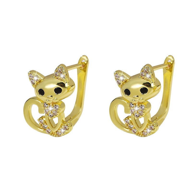 For Women Cat Stud Earrings In Dyed Black Copper With Rhinestones Inlay