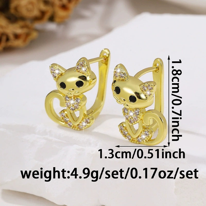 For Women Cat Stud Earrings In Dyed Black Copper With Rhinestones Inlay