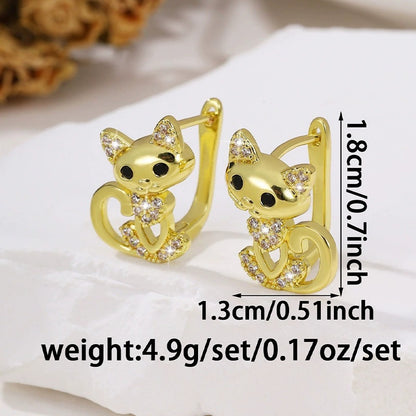 For Women Cat Stud Earrings In Dyed Black Copper With Rhinestones Inlay