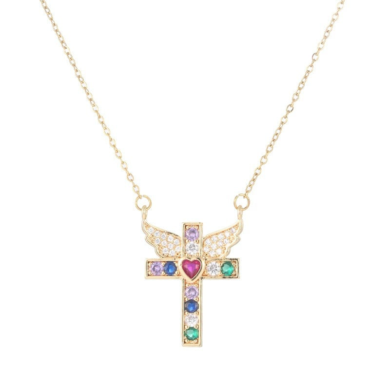 Unisex Cross Pendant Necklace In Copper With Zircon Inlay, Electroplated Finish, Featuring A Durable Cable Chain