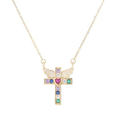 Unisex Cross Pendant Necklace In Copper With Zircon Inlay, Electroplated Finish, Featuring A Durable Cable Chain