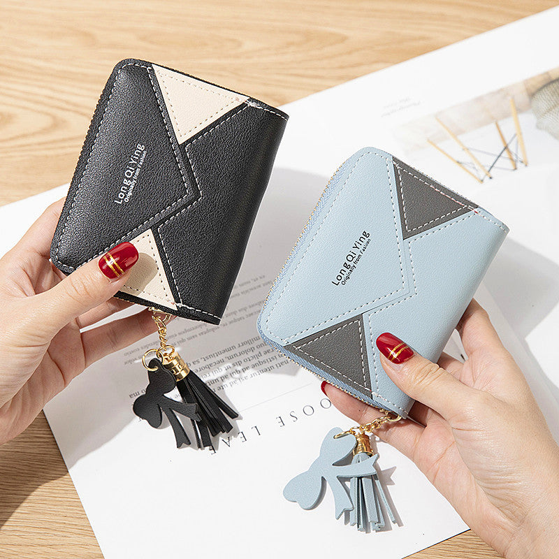 Women’s Color Block Small Wallet In PU Leather With Tassel Detail