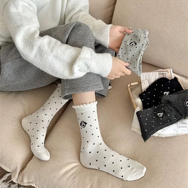 Women's Dog Pattern Socks In Light Grey, Made Of Comfortable Polyester Cotton For Spring