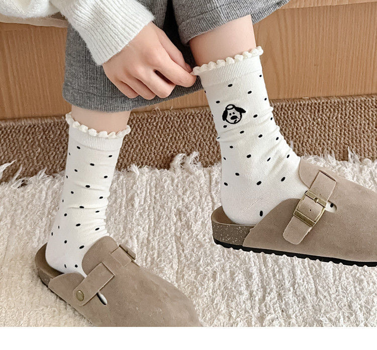 Women's Dog Pattern Socks In Light Grey, Made Of Comfortable Polyester Cotton For Spring