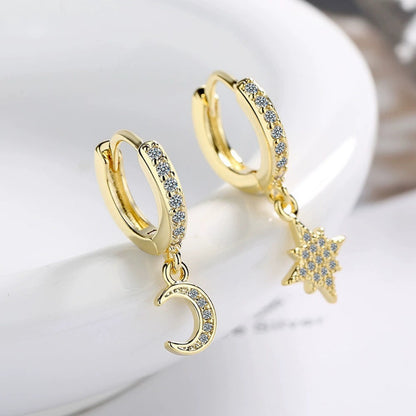 Asymmetrical Moon Earrings For Women In , Gold Copper Studs With Rhinestone Inlay