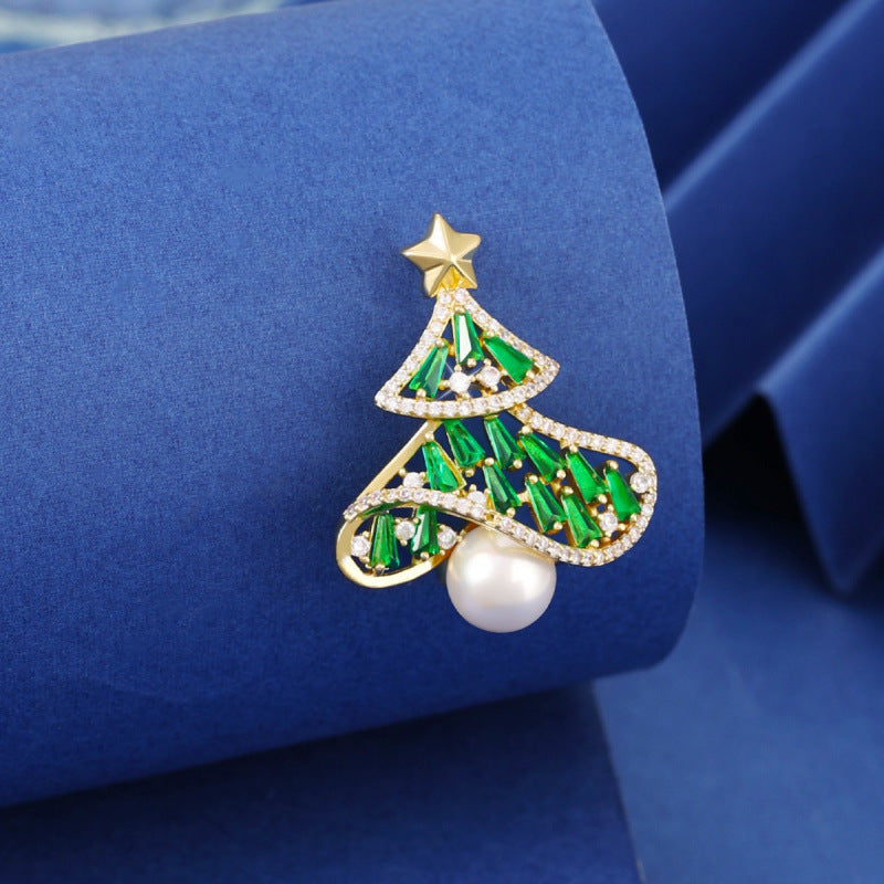 Electroplated Copper Flower Pin With Zircon Inlay, Perfect Christmas Accessory