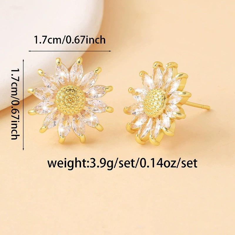Sunflower Stud Earrings For Women In Gold Featuring Electroplated Finish And Copper Ear Pins
