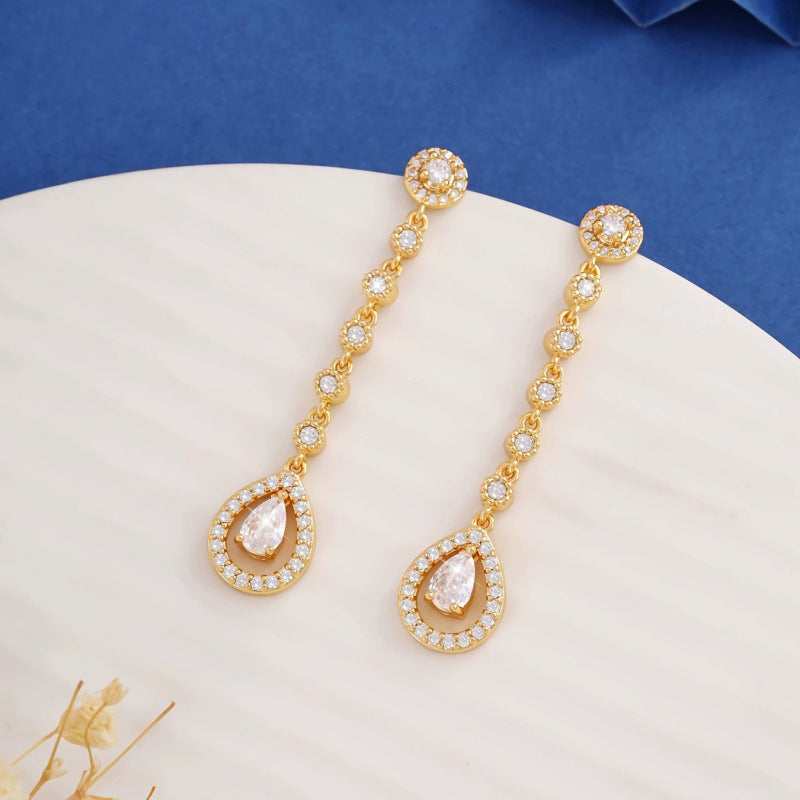 Water Droplets Tassel Earrings For Women Featuring Copper Studs And Gold Zircon Inlay