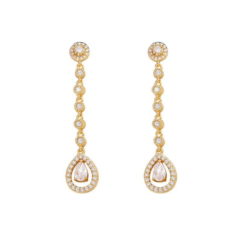 Water Droplets Tassel Earrings For Women Featuring Copper Studs And Gold Zircon Inlay