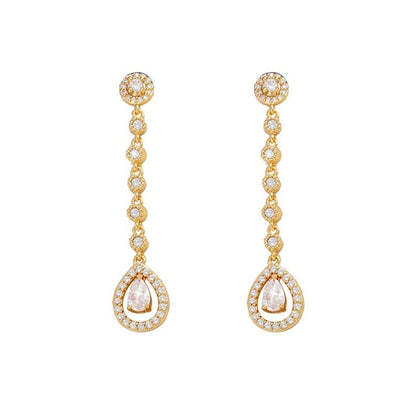 Water Droplets Tassel Earrings For Women Featuring Copper Studs And Gold Zircon Inlay