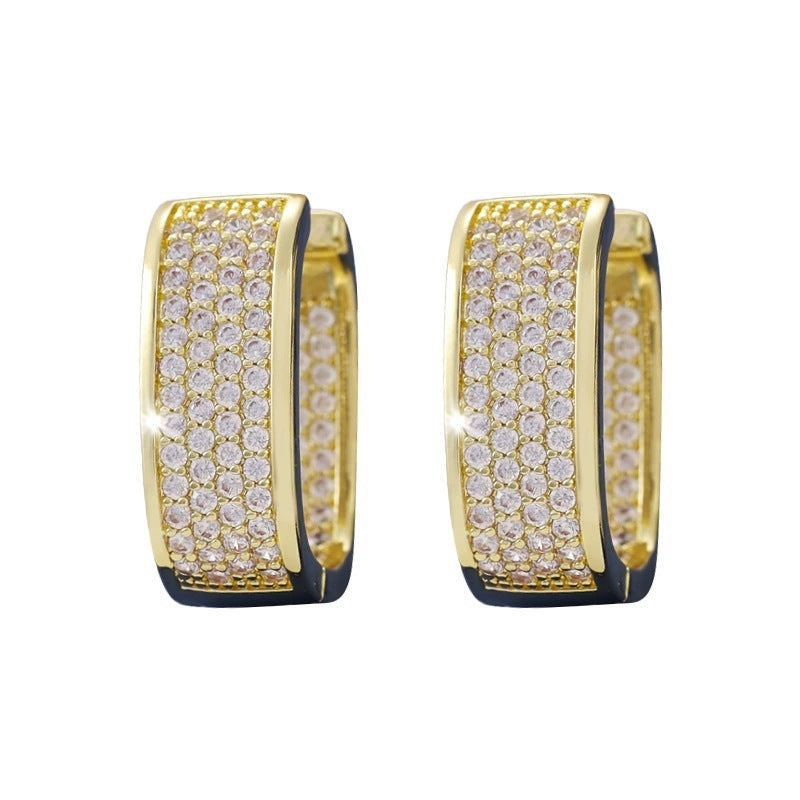 Square Gold Earrings For Women With Copper Studs Featuring Bezel Setting And Rhinestone Inlay