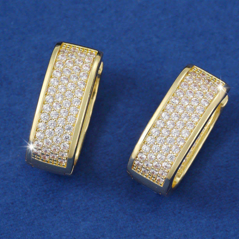 Square Gold Earrings For Women With Copper Studs Featuring Bezel Setting And Rhinestone Inlay