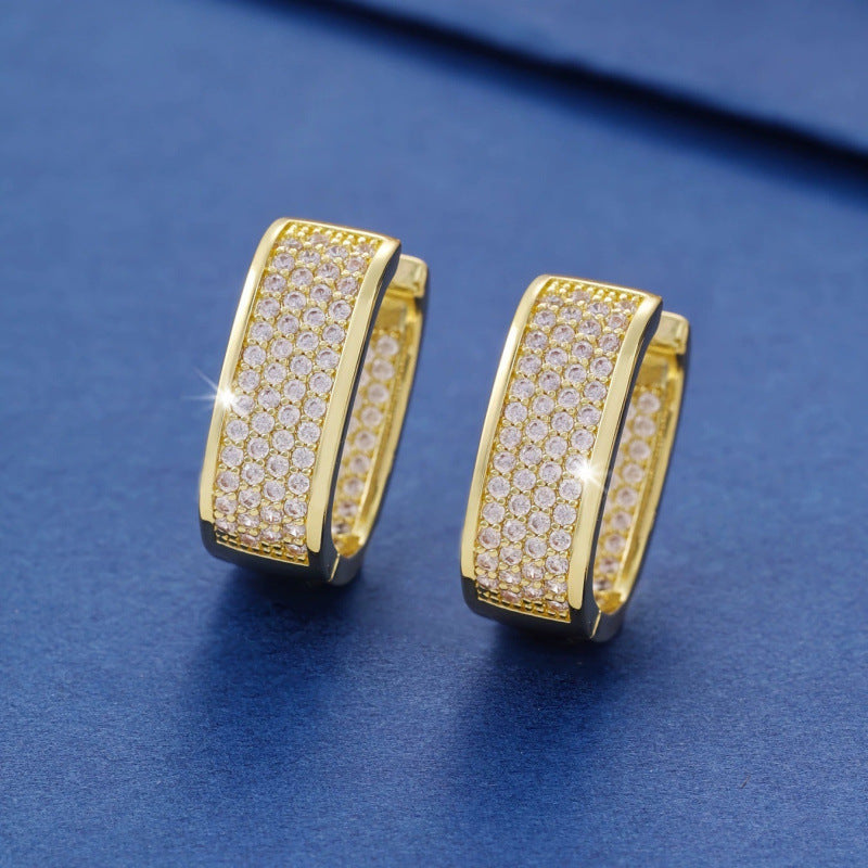 Square Gold Earrings For Women With Copper Studs Featuring Bezel Setting And Rhinestone Inlay
