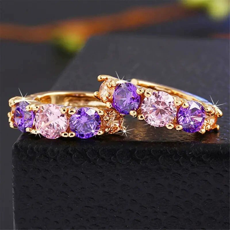 Splicing Gold Hoop Earrings For Women With Copper Studs And Zircon Inlay Material