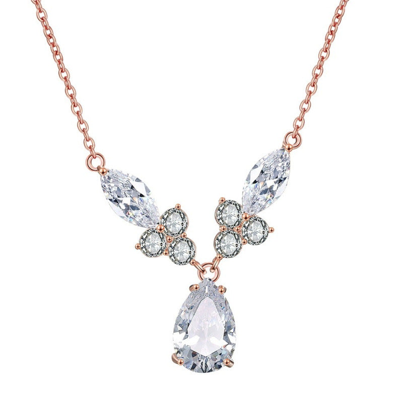 Water Droplets White Copper Necklace For Women With Electroplated Finish And Zircon Inlay On Cable Chain