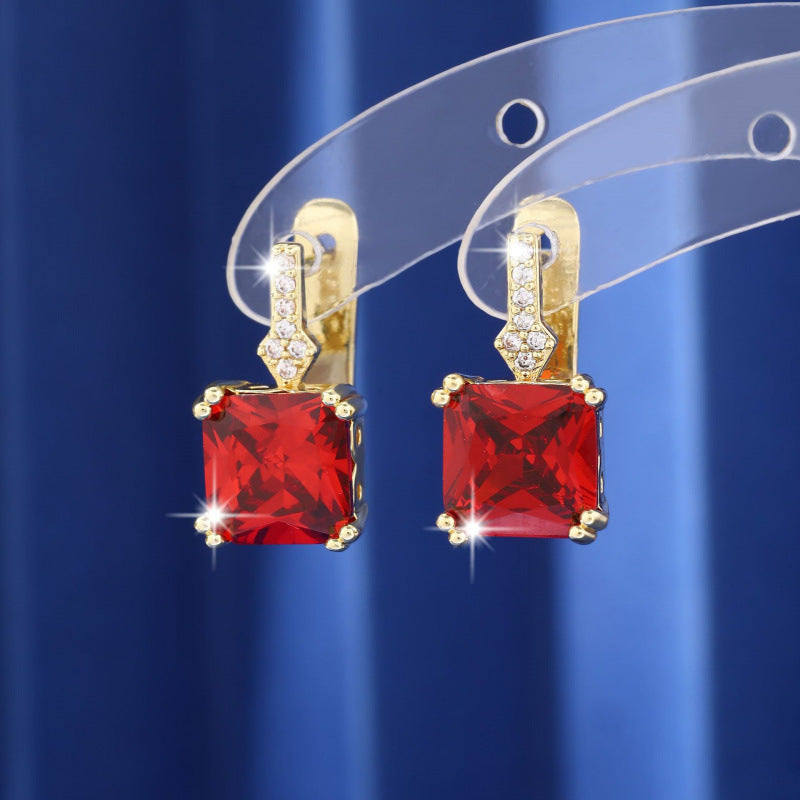 Square Gold Earrings For Women Featuring Copper Studs With Zircon Inlay