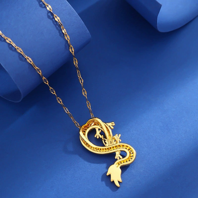 Gold Dragon Hip-Hop Necklace For Women With Copper Pendant And Coffee Bean Chain