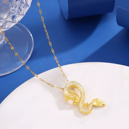 Gold Dragon Hip-Hop Necklace For Women With Copper Pendant And Coffee Bean Chain