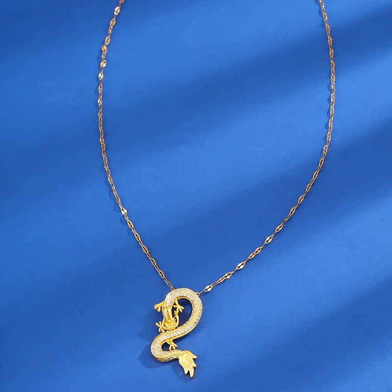 Gold Dragon Hip-Hop Necklace For Women With Copper Pendant And Coffee Bean Chain