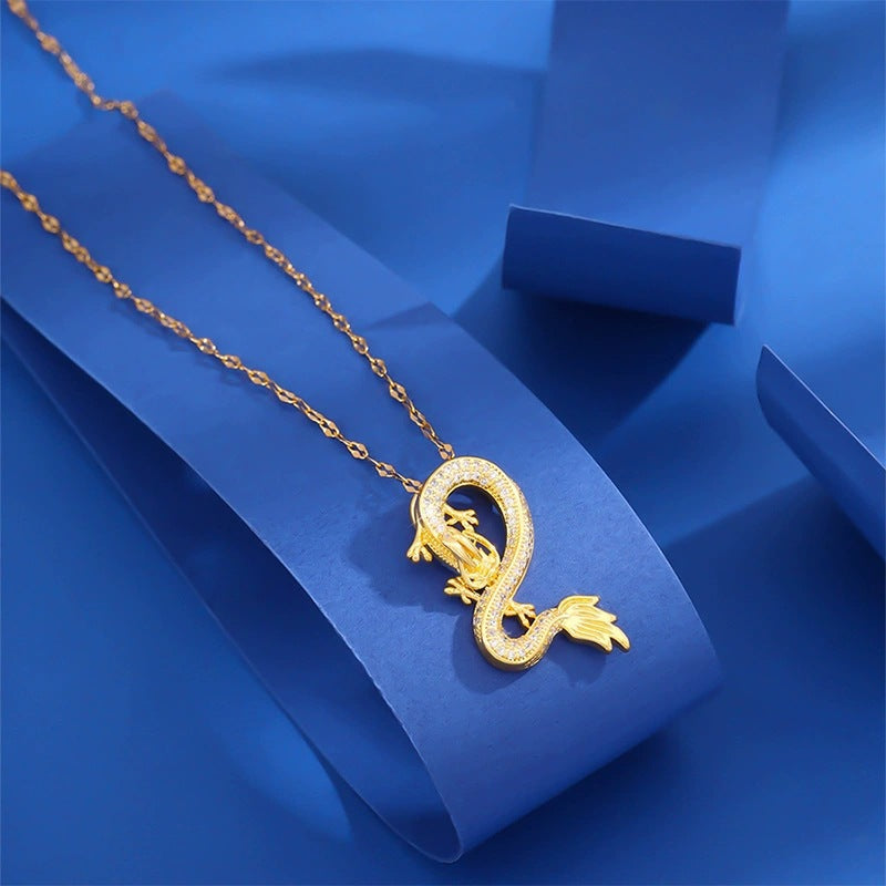 Gold Dragon Hip-Hop Necklace For Women With Copper Pendant And Coffee Bean Chain