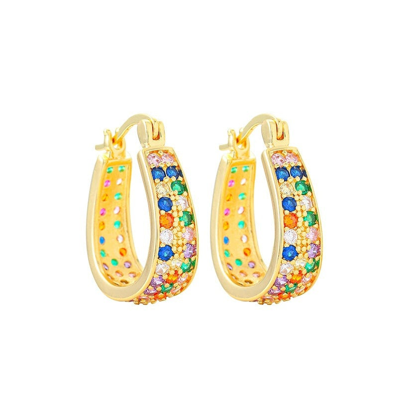 U Shape Earrings For Women Featuring Copper Studs With Bezel Setting And Zircon Inlay In Colour