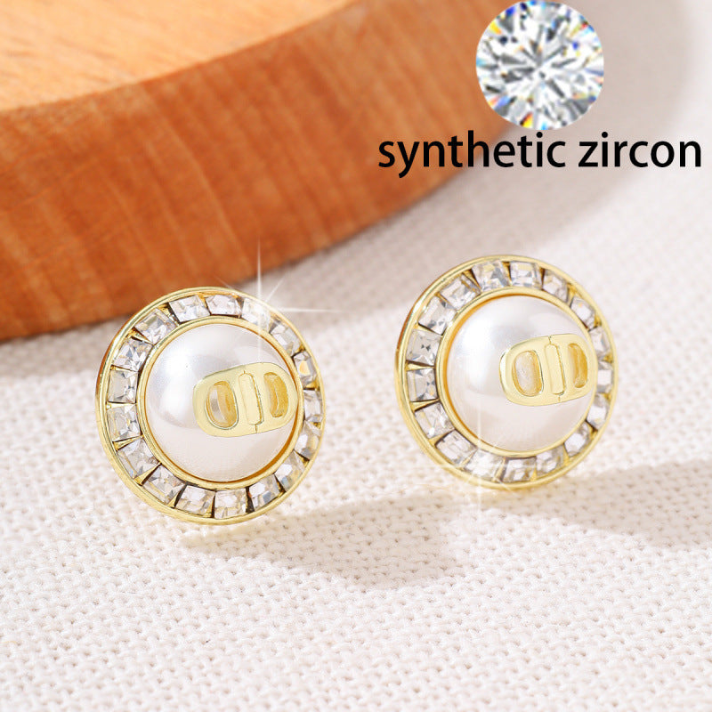 Round Stud Earrings For Women Featuring Copper Posts And Zircon Inlay
