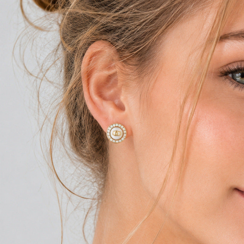 Round Stud Earrings For Women Featuring Copper Posts And Zircon Inlay