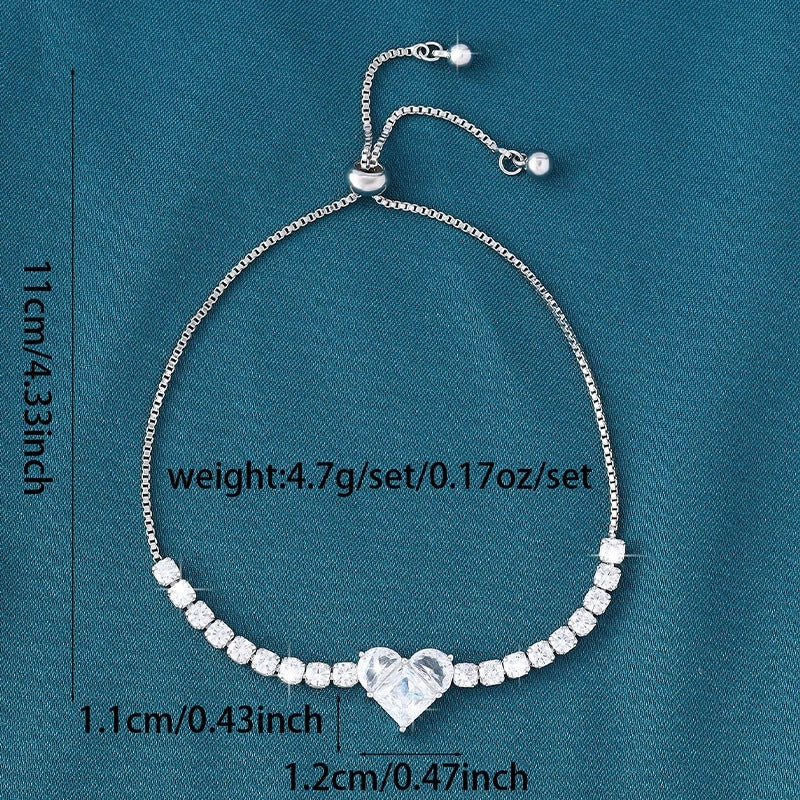 Heart Shape Copper Bracelet For Women With Zircon Inlay And Adjustable Slider Chain