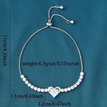 Heart Shape Copper Bracelet For Women With Zircon Inlay And Adjustable Slider Chain