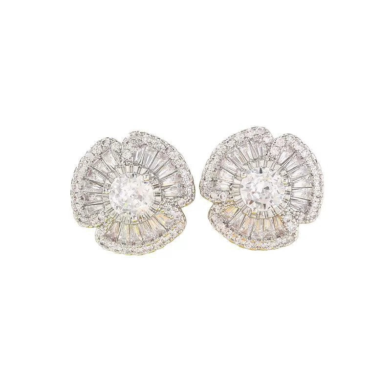 Sweet Flowers Stud Earrings For Women In Copper With Zircon Inlay Featuring Bezel Setting
