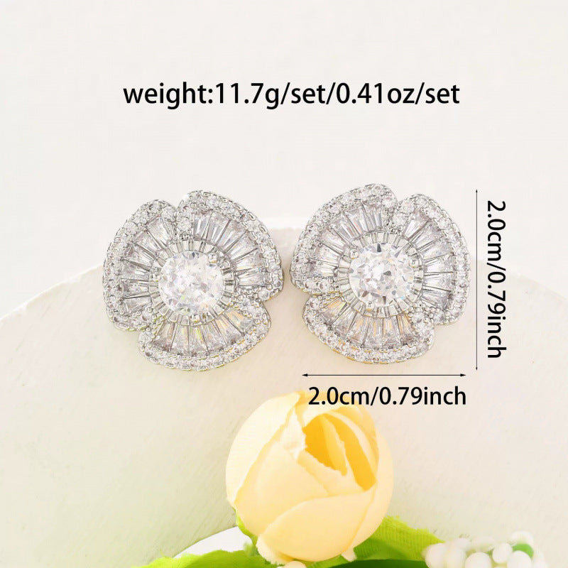 Sweet Flowers Stud Earrings For Women In Copper With Zircon Inlay Featuring Bezel Setting