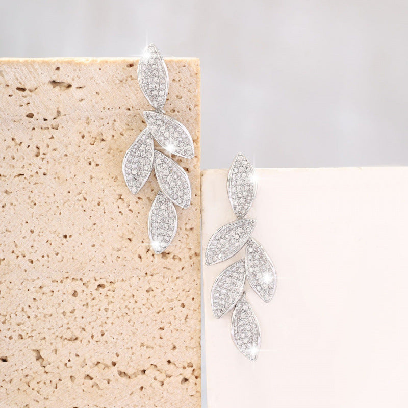 Leaves Stud Earrings For Women In White, Electroplated With Copper Ear Pins