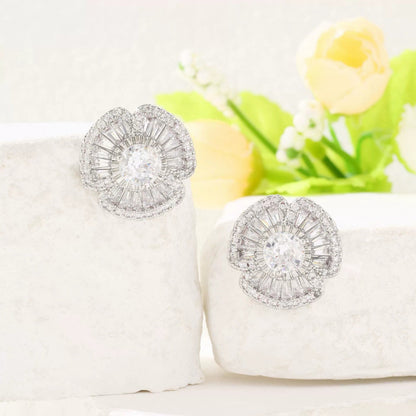 Sweet Flowers Stud Earrings For Women In Copper With Zircon Inlay Featuring Bezel Setting