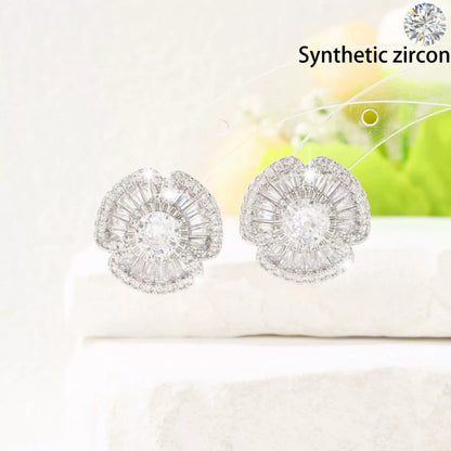 Sweet Flowers Stud Earrings For Women In Copper With Zircon Inlay Featuring Bezel Setting
