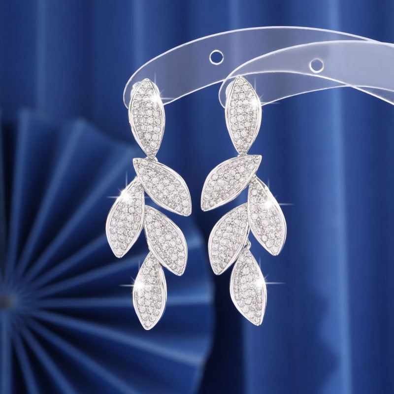 Leaves Stud Earrings For Women In White, Electroplated With Copper Ear Pins