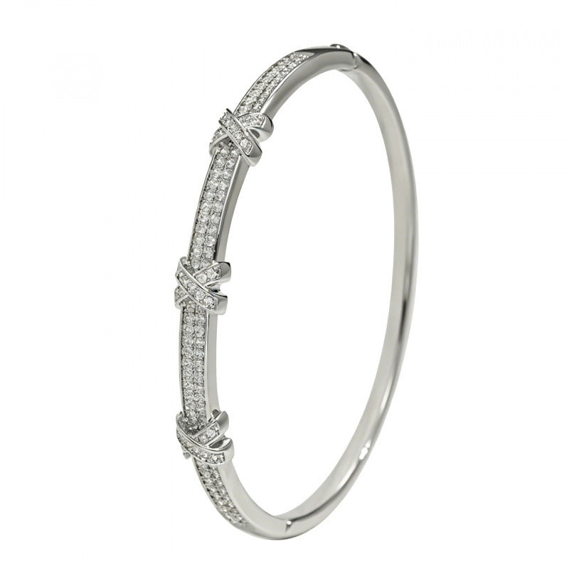 Women’s Copper Bangle With Electroplated Gold Plating And Zircon Inlay, Elegant Letter Pattern Design