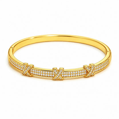 Women’s Copper Bangle With Electroplated Gold Plating And Zircon Inlay, Elegant Letter Pattern Design