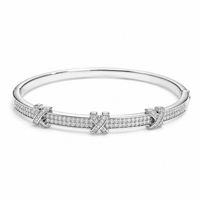 Women’s Copper Bangle With Electroplated Gold Plating And Zircon Inlay, Elegant Letter Pattern Design