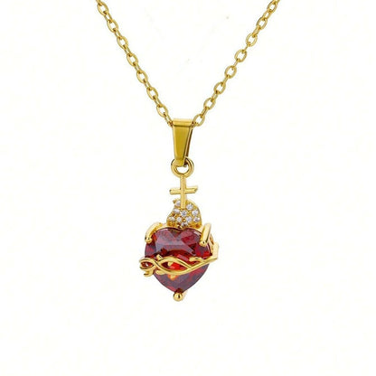 Romantic Heart Shape Necklace For Women, Electroplated Copper Pendant With Artificial Gemstones